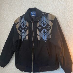 Pendleton Black Fleece Bomber Jacket with Blue and Tan Geometric Yoke
